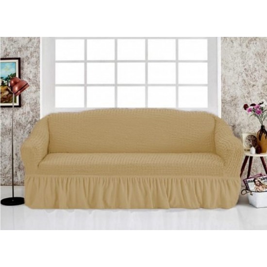 Husa Creponata cu Volan pentru Canapea 3 Locuri, Bej natur inchis, HCV-003 Huse Canapea 3 Locuri Creponat cu Volane