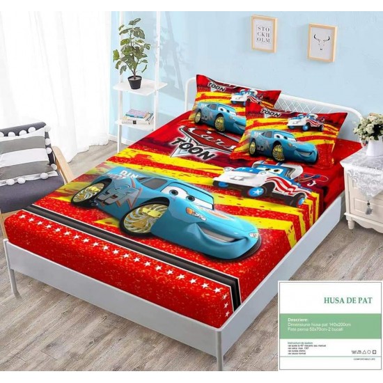 Set Husa de pat cu elastic, Bumbac Finet, 140x200cm, plus 2 fete de perne, Multicolor, Cars-Toon, HPC-022 Huse Finet Camera Copilului