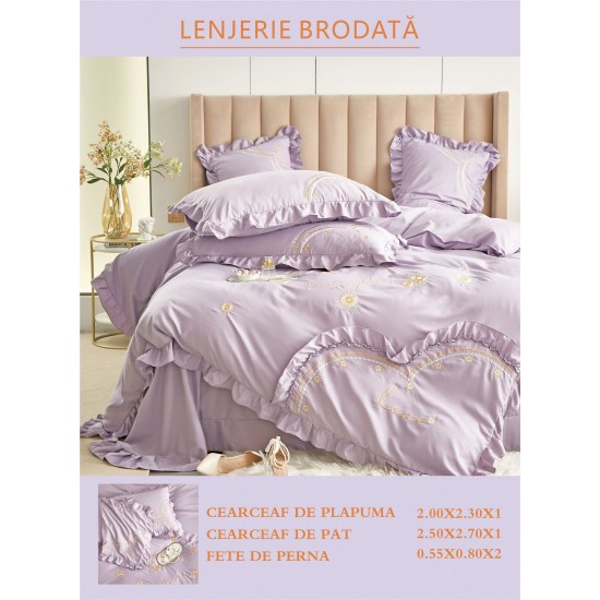 Lenjerie brodata pentru pat dublu, BUMBAC-FINET-FIN, 4 piese, cu VOLANASE, Lila, LFB-015 Lenjerii brodate