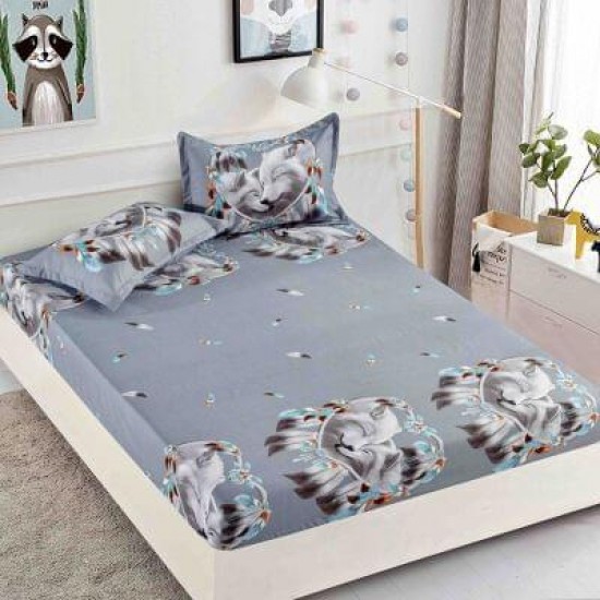 Husa pat cu elastic, Bumbac FINET, 180x200cm, 2 fete de perne 50x70cm, Gri, pene, lupi, HDF-126 Huse Finet 180x200