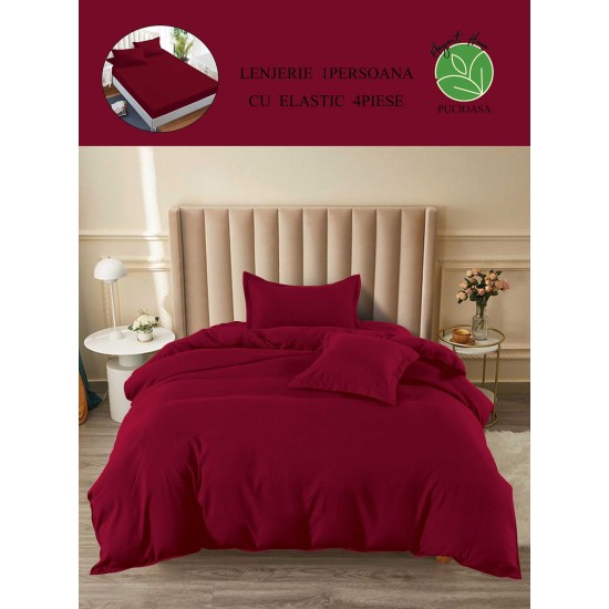 Lenjerie de Pat din Finet, 4 Piese, Pat 1 Persoana, cu ELASTIC, Bordo, LFS-050 Lenjerii Finet 1 persoana