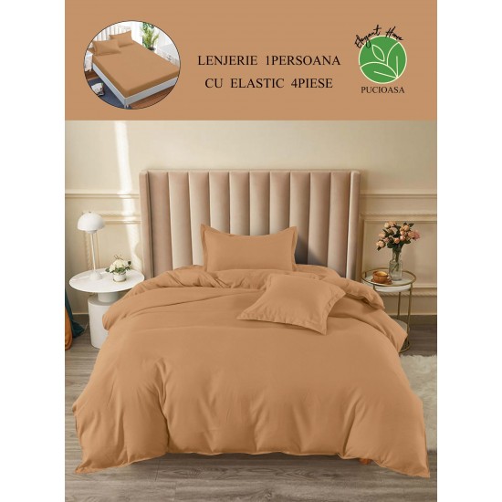 Lenjerie de Pat din Finet, 4 Piese, Pat 1 Persoana, cu ELASTIC, Bej, LFS-047 Lenjerii Finet 1 persoana