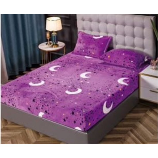 Cearsaf cu elastic COCOLINO, 180x200x25cm, plus 2 fete de perne, Mov-Alb, luna, stele, HC-056 Huse Cocolino