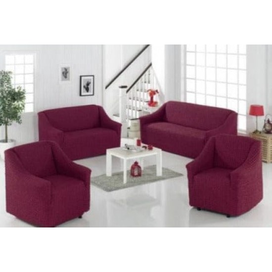 Set 4 huse creponate fara volane, pentru canapea 3 locuri, canapea 2 locuri si 2 fotolii, bordo, HCC-003 Huse canapea 3 locuri,2 locuri plus 2 huse fotoliu creponat fara volane
