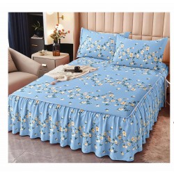 Cearsaf cu volanase, Bumbac FINET, plus  2 fete de perne 50x70cm, Blue-Alb, floricele, LDBS-207