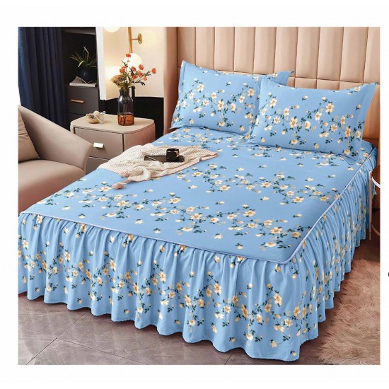 Cearsaf cu volanase, Bumbac FINET, plus  2 fete de perne 50x70cm, Blue-Alb, floricele, LDBS-207 3 lenjerii la 199 lei