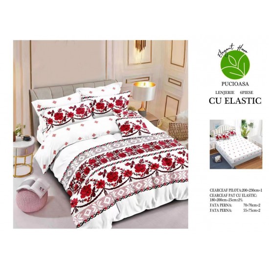 Set Lenjerie de pat din Finet Gros, Cearceaf cu ELASTIC, 6 Piese, Pat 2 Persoane, Multicolor, model traditional, LDE-030 Lenjerii Finet 6 piese cu ELASTIC