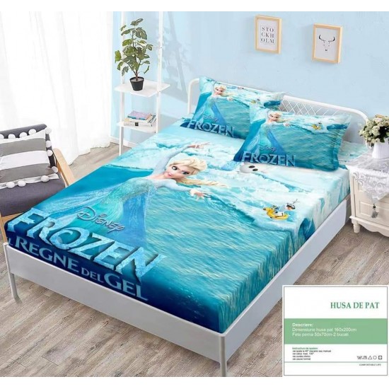 Set Husa de pat cu elastic, Bumbac Finet, 160x200cm, plus 2 fete de perne, Multicolor, Frozen, HPC-023 Huse Finet Camera Copilului