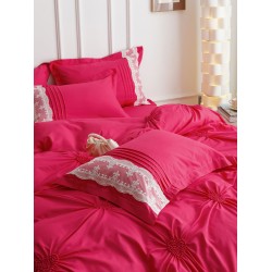 Lenjerie pat dublu finet 6 piese cu pliuri, inimioare și broderie-roz intens, LIB-032