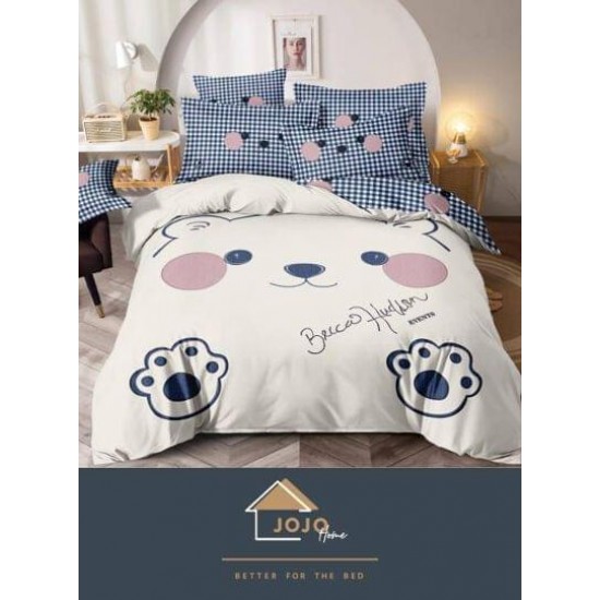 Set Lenjerie de Pat din Finet, 6 Piese, Pat 2 Persoane, Imprimeu 3D Identic cu Poza, Crem-Bleu, ursulet, LFL-002 Lenjerii Finet PREMIUM LUX