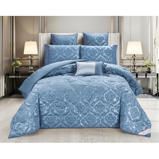Lenjerie de pat cu elastic si pilota inclusa, bumbac tip jacquard, pat dublu, 7 piese, Albastru, PJD-07 Pilote Jacquard 7 piese