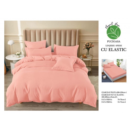 Lenjerie pat dublu, BUMBAC FINET, 6 piese, cu ELASTIC, UNI, Roz, LFU-006 Lenjerii finet 6 piese uni cu elastic
