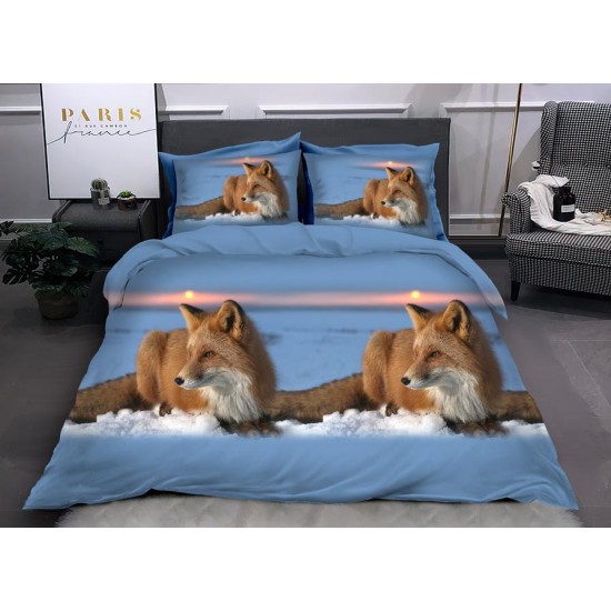 Set Lenjerie de Pat din Bumbac Satinat, 4 Piese, Pat 2 Persoane, Imprimeu 3D Identic cu Poza, Bleu-Maro, animale, LSD-027 Lenjerii de Pat 3D