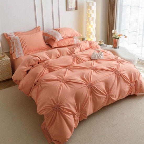 Lenjerie pat dublu finet 6 piese cu pliuri, inimioare și broderie-somon, LIB-033 Lenjerii cu Pliuri