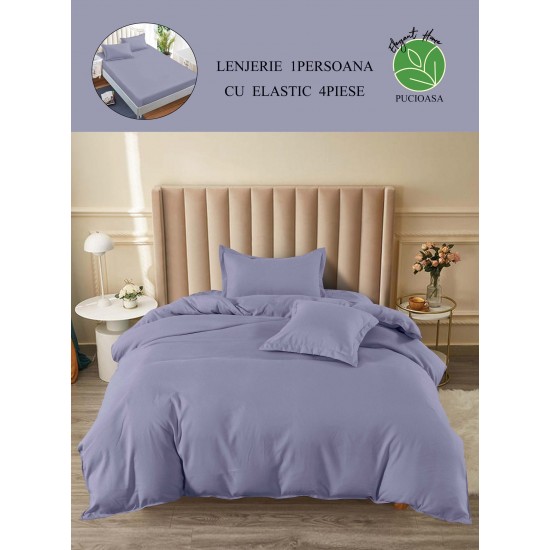 Lenjerie de Pat din Finet, 4 Piese, Pat 1 Persoana, cu ELASTIC, Lila, LFS-056 Lenjerii Finet 1 persoana