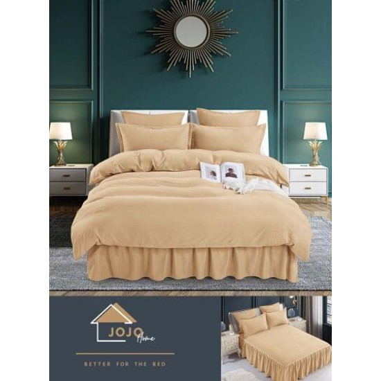 Lenjerie pat dublu, BUMBAC FINET, 6 piese, cu volanase, Jojo, Bej, LVU-014 lenjerii finet 6 piese cu volanase uni