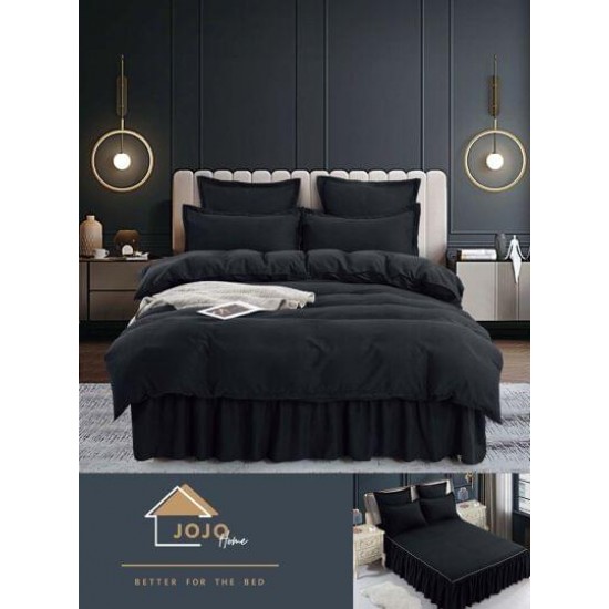 Lenjerie pat dublu, BUMBAC FINET, 6 piese, cu volanase, Jojo, Negru, LVU-003 lenjerii finet 6 piese cu volanase uni