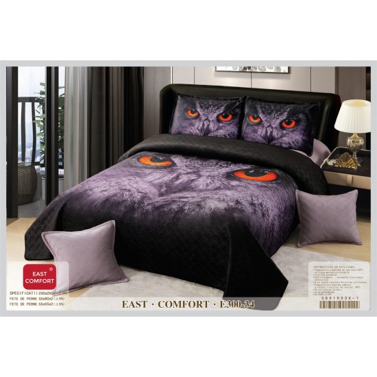 Set Cuvertură Catifea Pat Dublu cu 4 Fețe de Pernă – Model Bufniță Violet-Negru, Elegant și Modern, E300-34 Cuverturi Catifea 5 piese