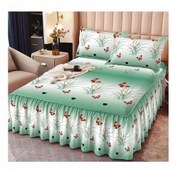 Cearsaf cu volanase, Bumbac FINET, plus  2 fete de perne 50x70cm, Alb-Verde, fluturi, LDBS-096