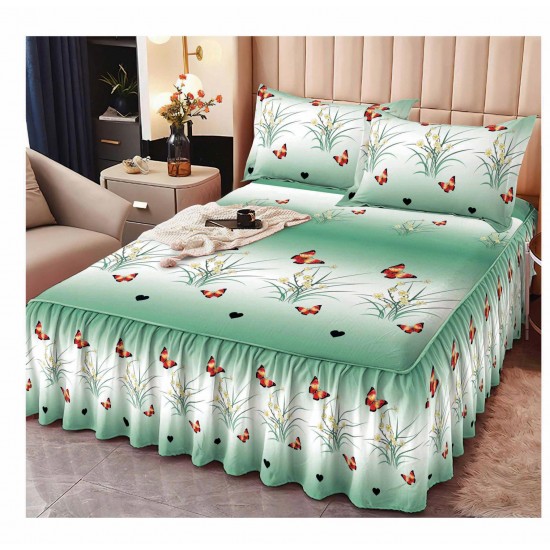 Cearsaf cu volanase, Bumbac FINET, plus  2 fete de perne 50x70cm, Alb-Verde, fluturi, LDBS-096 3 lenjerii la 199 lei