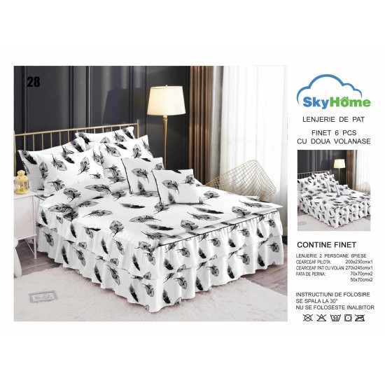 Lenjerie pat dublu, BUMBAC FINET, 6 piese, cu VOLANASE, Alb, pene paun, LDV-022 Lenjerii Finet cu Volanase