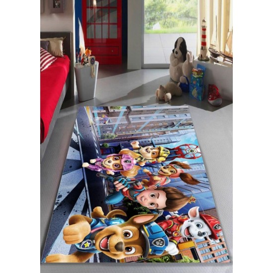 Covor Camera Copii, Antiderapant, Model cu Albastru/Gri/Rosu, Paw Patrol, CAM-032 Covorase educative copii 80x150