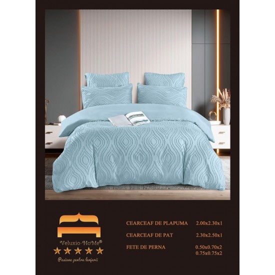 Lenjerie pat dublu, Finet Deluxe cu Smocuri Brodate, 6 piese, Blue, LSB-003 Bumbac Superior