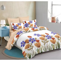 Lenjerie pat dublu, 4 piese, Bumbac Satinat Superior, Alb-Multicolor, flori, LDBS-052