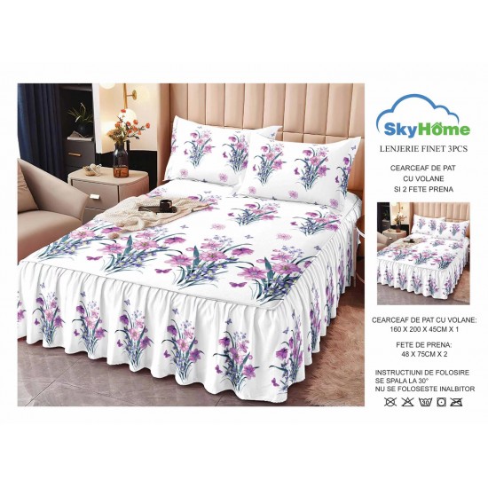 Cearsaf cu volanase, Bumbac FINET, plus  2 fete de perne 50x70cm, Alb-Mov, flori, LDBS-177 3 lenjerii la 199 lei