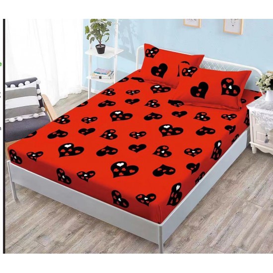 Cearsaf cu elastic COCOLINO, 180x200x25cm, plus 2 fete de perne, Rosu-Negru, inimi, HC-078 Huse Cocolino