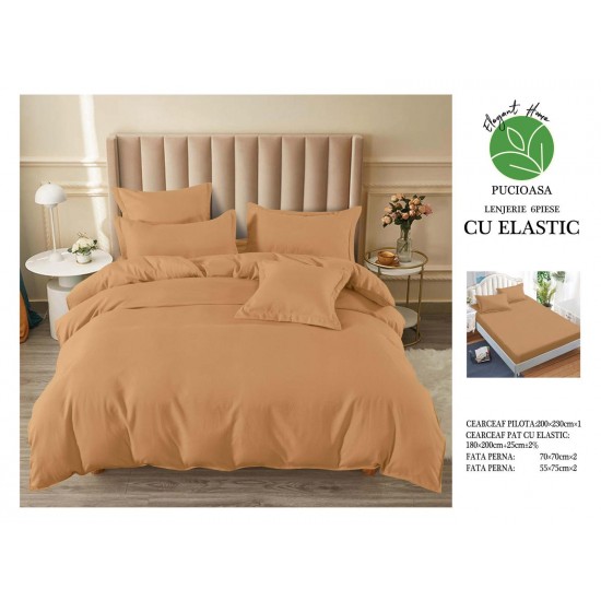 Lenjerie pat dublu, BUMBAC FINET, 6 piese, cu ELASTIC, UNI, Bej, LFU-005 Lenjerii finet 6 piese uni cu elastic