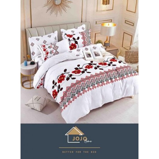 Lenjerie de Pat din Finet, 4 Piese, Pat 1 Persoana, Alb-Rosu-Negru, model traditional, LFS-035 Lenjerii Finet 1 persoana