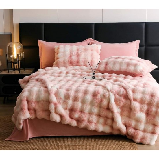 Lenjerie de pat, DeLuxe, cocolino tip blăniță iepure, 2 persoane, 6 piese, Roz-Alb, ombre, LCE-031 Lenjerii Blanita Iepure