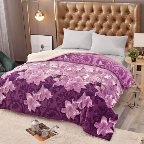 Pătură Cocolino cu blăniță 200x230 cm – moale, călduroasă și premium - Mov, model flori, PBC-037 Paturi cu Blanita