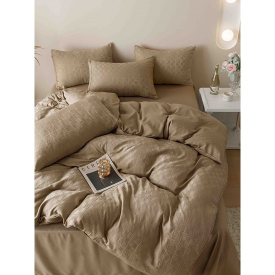 Set Lenjerie de Pat, Bumbac Tip Jacquard Finetat, 6 Piese, Bej, LDJ-051 Lenjerii Jacquard cu Finet