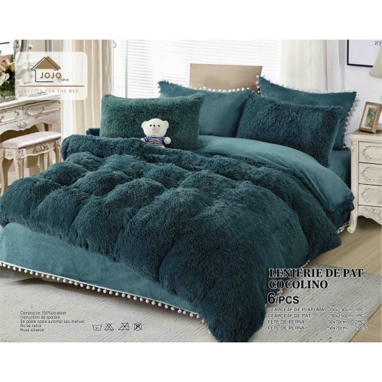 Lenjerie Fluffy Verde inchis 6 Piese Pat Dublu – Moale, Călduroasă și Elegantă, LCF-001 Lenjerii Cocolino Fluffy