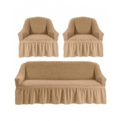 Huse Elastice si Creponate cu Volan, Canapea 3 Persoane + 2 Huse Fotolii, Bej, HCVF-012