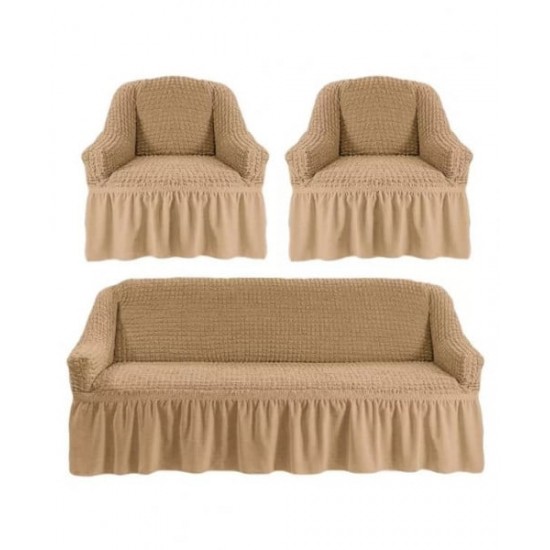 Huse Elastice si Creponate cu Volan, Canapea 3 Persoane + 2 Huse Fotolii, Bej, HCVF-012 Huse canapea 3 locuri plus 2 huse fotoliu