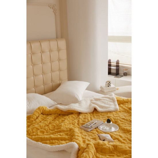 Patura Cocolino cu Blanita, Model Tricotat, Pat 2 Persoane, 200x230 cm, Galben, PCT-006 Patura cu Blanita tip Tricotaj