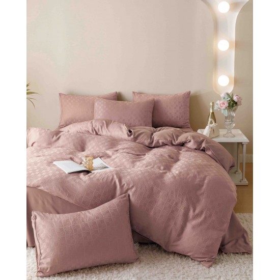 Set Lenjerie de Pat, Bumbac Tip Jacquard Finetat, 6 Piese, Roz Pudra, LDJ-014 Lenjerii Jacquard cu Finet