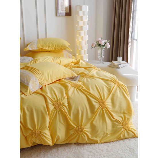 Lenjerie pat dublu finet 6 piese cu pliuri, inimioare și broderie-galben, LIB-017 Lenjerii cu Pliuri