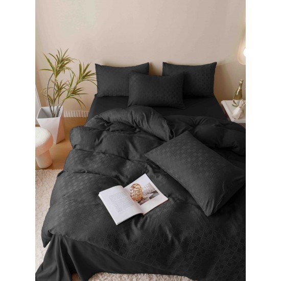 Set Lenjerie de Pat, Bumbac Tip Jacquard Finetat, 6 Piese, Negru, LDJ-011 Lenjerii Jacquard cu Finet