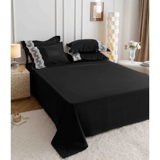 Lenjerie pat dublu finet 6 piese cu pliuri, inimioare și broderie-negru, LIB-018 Lenjerii cu Pliuri