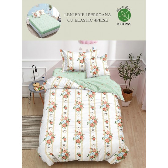 Lenjerie Finet, 4 Piese, Pat 1 persoana, cearsaf cu ELASTIC, Crem-Multicolor, flori, LOP-006 Lenjerii FInet 1 Persoana cu ELASTIC