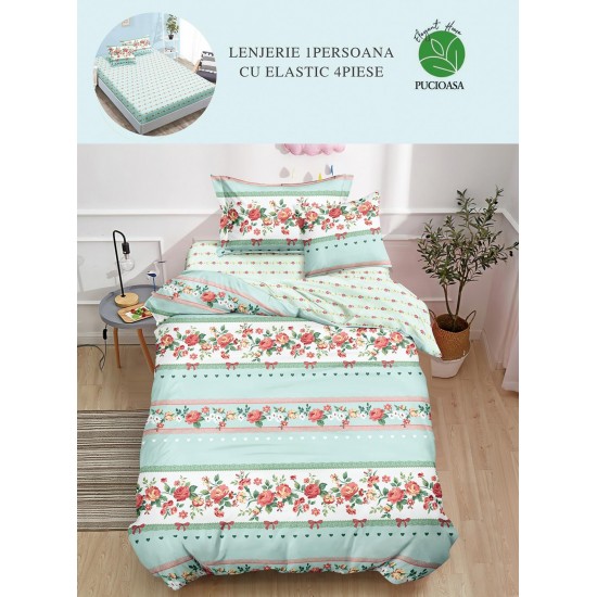 Lenjerie Finet, 4 Piese, Pat 1 persoana, cearsaf cu ELASTIC, Verde-Multicolor, flori, LOP-038 Lenjerii FInet 1 Persoana cu ELASTIC