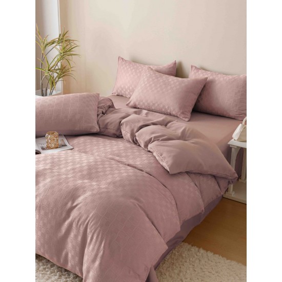 Set Lenjerie de Pat, Bumbac Tip Jacquard Finetat, 6 Piese, Roz Pudra, LDJ-014 Lenjerii Jacquard cu Finet