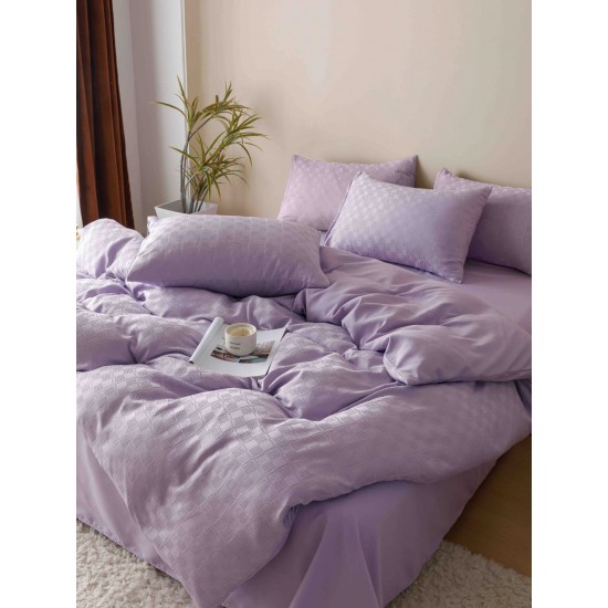 Set Lenjerie de Pat, Bumbac Tip Jacquard Finetat, 6 Piese, Lila, LDJ-010 Lenjerii Jacquard cu Finet