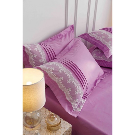 Lenjerie pat dublu finet 6 piese cu pliuri, inimioare și broderie-lila, LIB-026 Lenjerii cu Pliuri