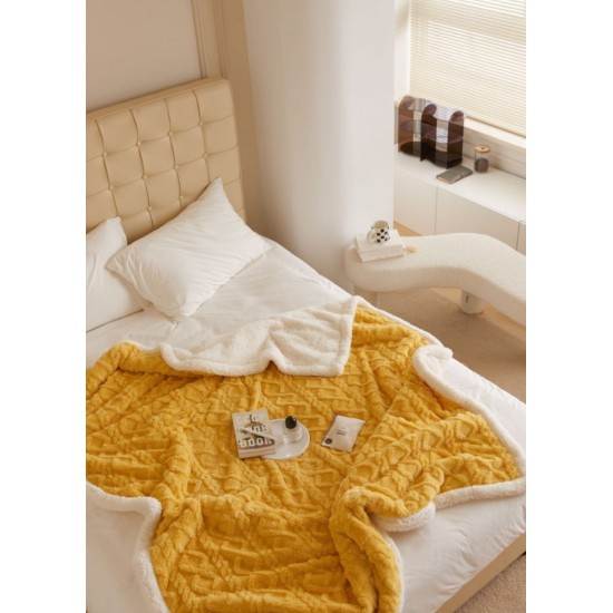 Patura Cocolino cu Blanita, Model Tricotat, Pat 2 Persoane, 200x230 cm, Galben, PCT-006 Patura cu Blanita tip Tricotaj