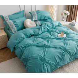 Lenjerie pat dublu finet 6 piese cu pliuri, inimioare și broderie-verde menta, LIB-023